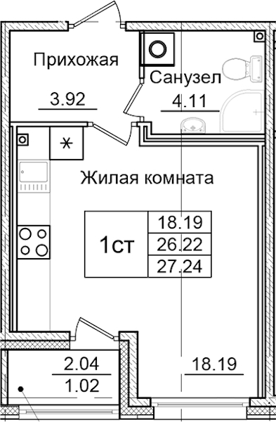 Квартира студия 27.24 м², 1/9 эт., ЖК «Квартал Заречье»
